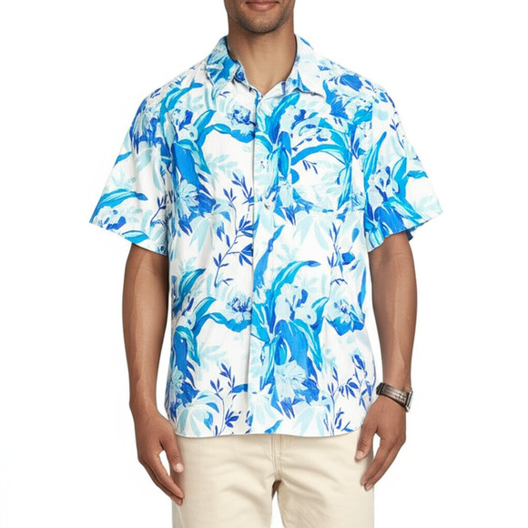 Columbia Button Up Shirt Mens Large Blue White Tropical Hawaiian Pocket Casual - Picture 1 of 15